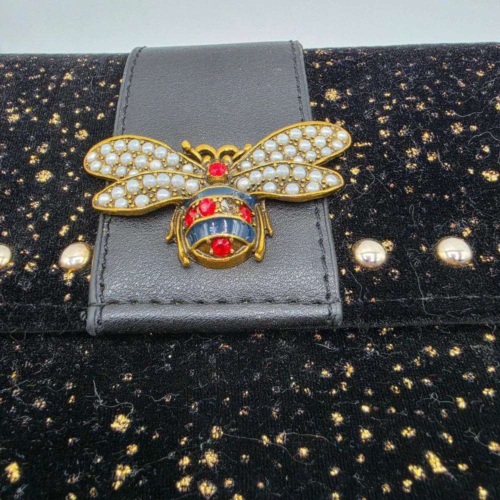 Olivia Miller Black Velvet Jeweled‎ Bee Crossbody Bag Gold Glitter Studded Purse